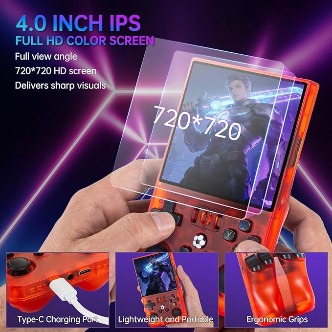 R36MAX Retro Handheld Game Console, 4.0 inch IPS HD Screen Retro Game Console with 4000mAh Battery, Portable Video Gaming Console with 64GB TF Card, Open Source Linux System, Support 30+ Emulators