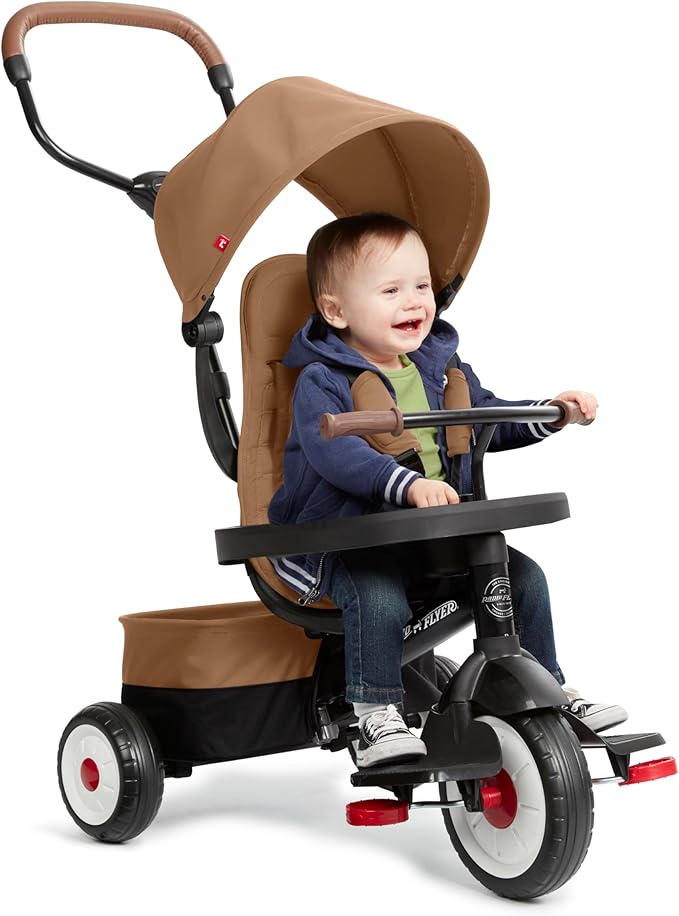 Radio Flyer City 4-in-1 Stroll 'N Trike, Mocha, for Riders 1-5 Years Old, 4 Riding Modes, 3 Point Harness with Comfort Pad, Parent Controlled Steering, Rear Storage, Stroller Tricycle for Toddlers
