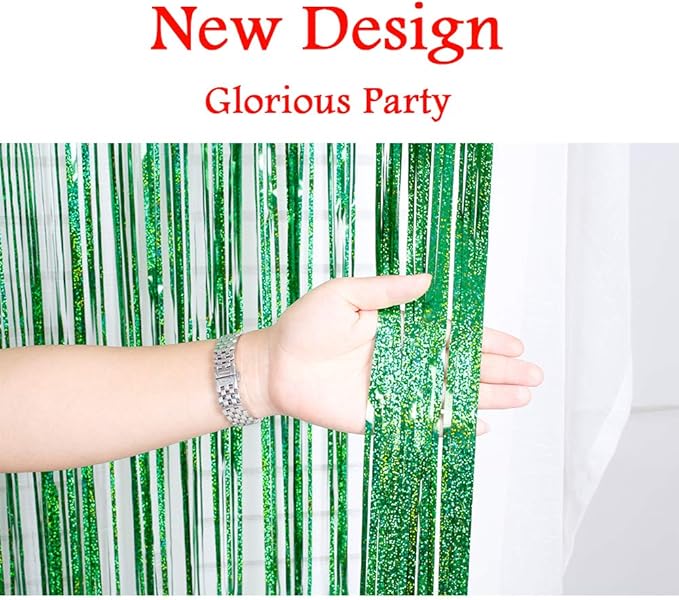 Iridescent Foil Fringe Curtains Rainforest Jungle Theme Party Supplies Birthday Wedding Party Window Door Decorations Fun Photo Booth Backdrop Props(2 Packs, (W) 3.28*(H) 6.56 Ft, Green)