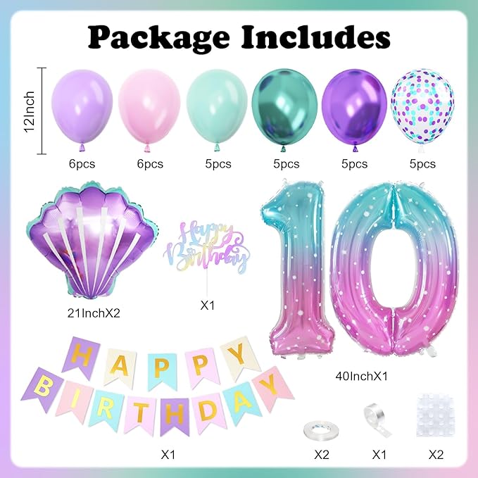 10th Mermaid Birthday Decoration,Metallic Purple Pink Green Blue Latex Balloons for Girls Party Decoration Number 10 Seashell Foil Balloons Banner Cake Topper Sea Decorations for 10 Year Old