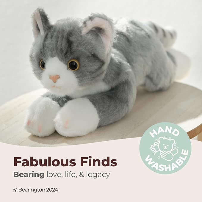Bearington Lil' Socks Cat Stuffed Animal - 8" Realistic Cat Plush Toy - Soft Gray Striped Plush Cats with Lifelike Details for Kids, Toddlers, and Kitten Lovers - Adorable Gift for Kids