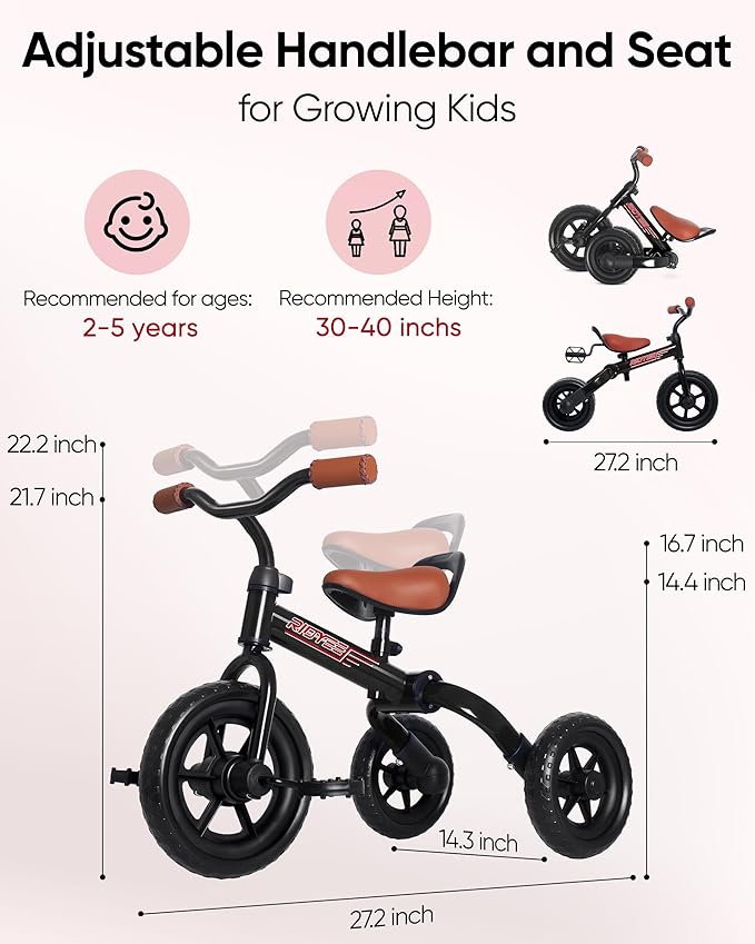 3-in-1 Foldable Tricycle and Balance Bike for Toddlers 2 to 5 Years, Tricycle for 2 Years with Adjustable Handlebar and Seat, Tricycles for 3-5 Years with DIY Plate, Black