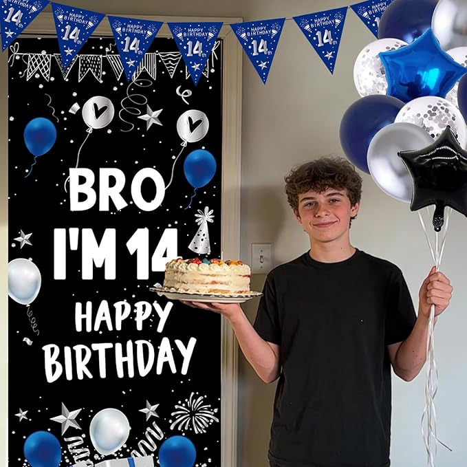 14th Birthday Decorations for Boys Girls, Dark Blue 14 Year Old Bday Decorations with Happy 14th Birthday Banner Backdrop Tablecloth, Party Supplies with 14 Balloon Numbers, Triangle Flag, Foil Stars