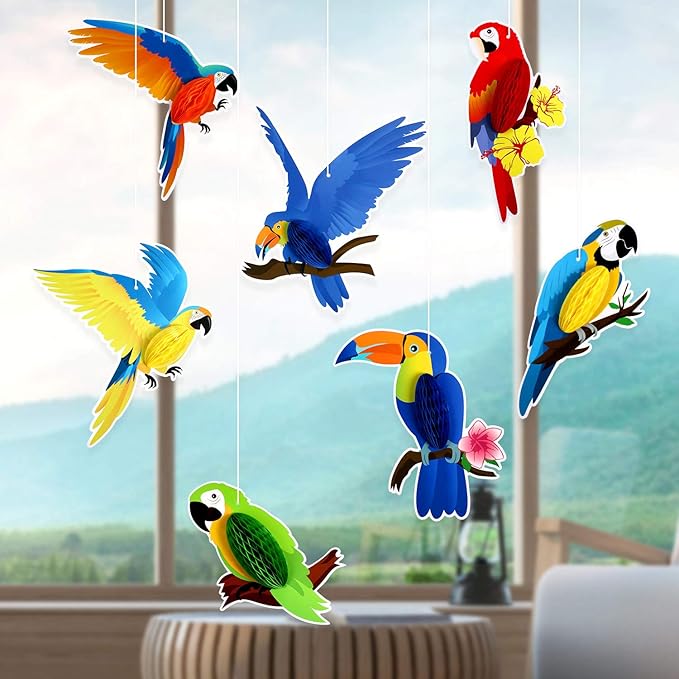 Blulu 10 Pieces Tropical Birds Honeycomb Paper Cutouts, Parrot Honeycomb, Hawaiian Summer Beach Luau Party Hanging Decorations for Tiki Bar Luau Summer Party Home Classroom Supplies
