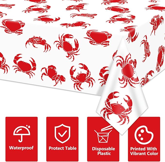 4 Pack Crab Tablecloths Plastic Red Lobster Crab Boil Table Cover for Birthday Party Decorations Seafood Festivals Potluck Barbecue Supplies, 87 x 51 inches