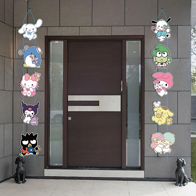 Kawaii Birthday Party Supplies - 10 Pcs Theme Cartoon Porch Sign - Room Door Decoration Porch Hanging Banner Wall Decorations for Indoor Outdoor Decoration