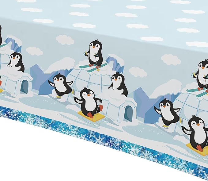 APOWBLS Penguin Birthday Decorations Tablecloth, 3 Pack Disposable Winter Penguin Party Supplies Table Cover for Birthday Baby Shower, 55in x 86in