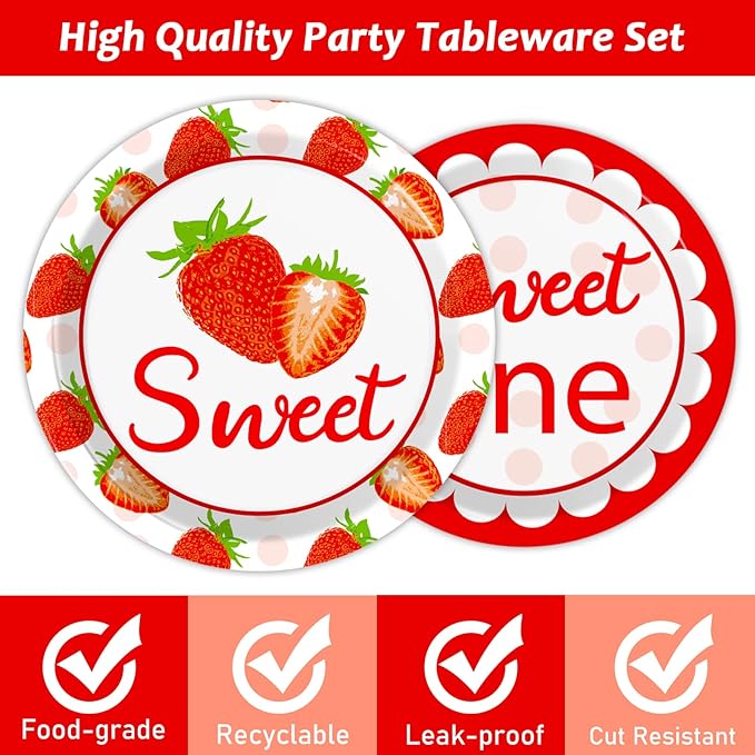 gisgfim 96 Pcs Strawberry Party Supplies - Paper Plates, Napkins, 1st Birthday Tableware Set - Summer Sweet Berry Decorations for Kids - Serves 24