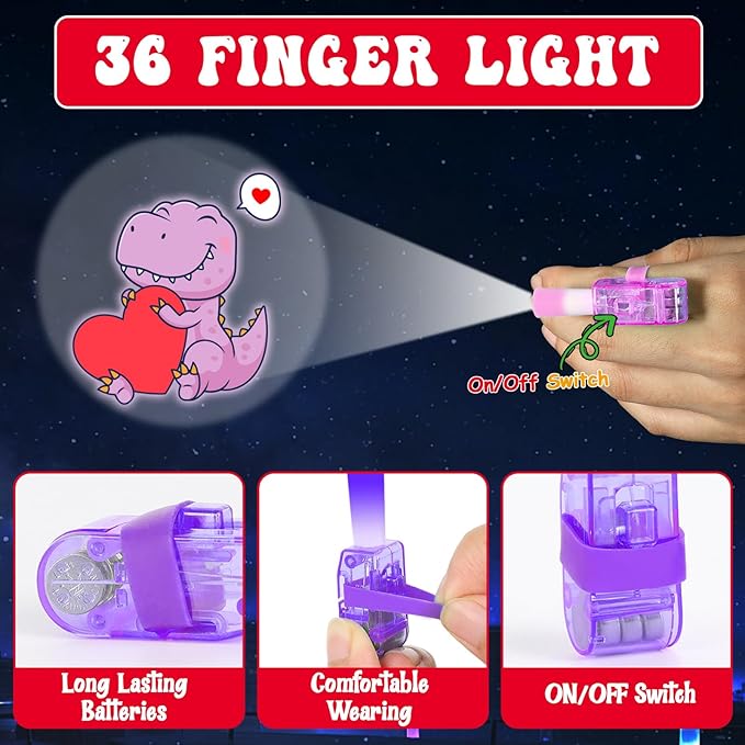 36 PCS Valentine's Day Dinosaur LED Finger Lights Love Heart Party Favors Glow in the Dark Light Up Finger Lights Themed Toys Bulk for Birthday Party Goodie Bag Stuffer Birthday Gifts Classroom Prize