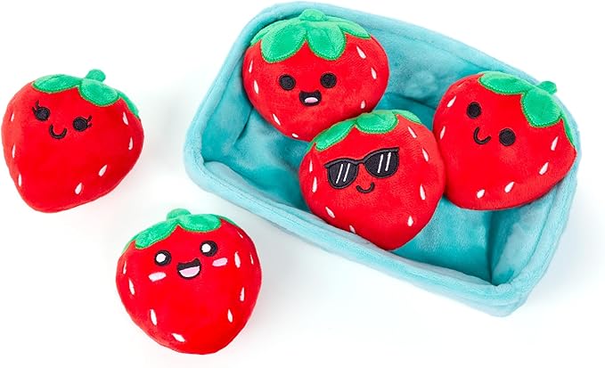 Emotional Support Strawberries by Relatable, Easter Plush Stuffed Animals and Toys, Cute Easter Basket Stuffer, Non Candy Easter Gift for Teens and Girls, Includes 5 Plushies with Carrying Basket