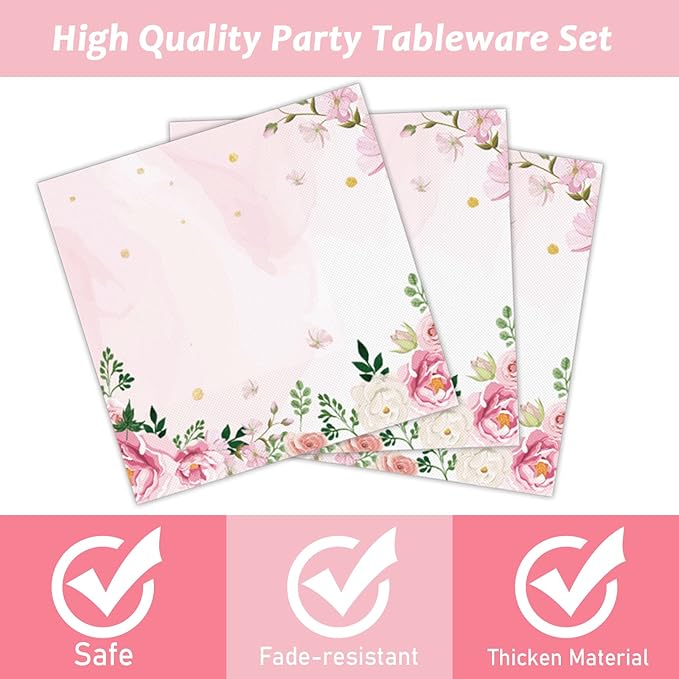 gisgfim 96 Pcs Floral Party Plates and Napkins Party Supplies Pink Spring Theme Flower Party Tableware Set Watercolor Floral Tea Party Decorations Favors for Bridal Baby Shower Serves 24