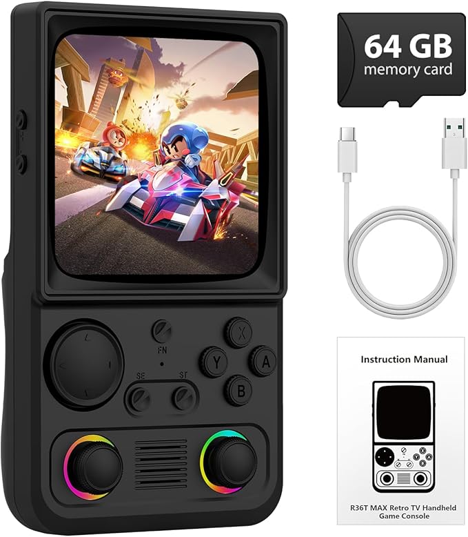 R36TMAX Handheld Game Console, Retro Gaming Console with 22,000+ Classic Games, 4.0 Inch IPS HD Screen, Supports WiFi Networked Fighting and OTG, 4000mAh Battery (Black 128GB)