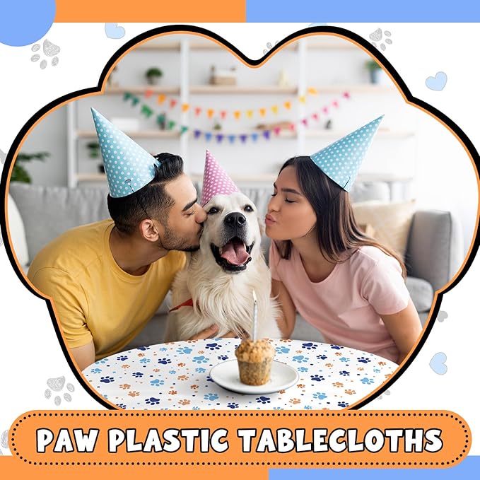 4 Pack Puppy Dog Pet Paw Print Plastic Tablecloth 54 x 108 Inches Blue White Orange Table Cover Paw Print Disposable Rectangle Table Cover for Pet Blue Dog Birthday Party Supplies
