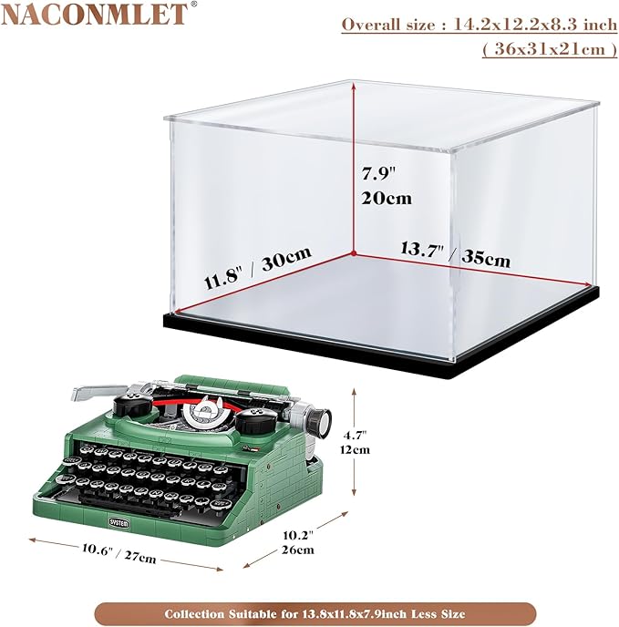 Premium Clear Acrylic Display Case with LED Lights – Dustproof & UV-Protected Showcase for Lego 21327 Typewriter(13.8"x11.8"x7.9"inch)