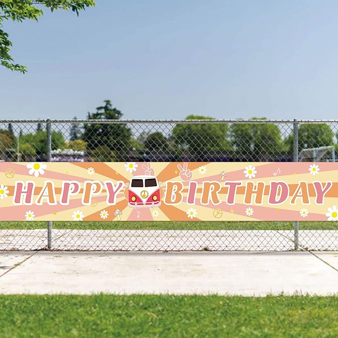 Groovy Happy Birthday Long Banner with 118X19.7 inch,Retro Hippie Boho Girl Birthday Party Decorations,Daisy Flower Photography Backdrop Groovy Party Supplies for Happy Birthday Baby Shower