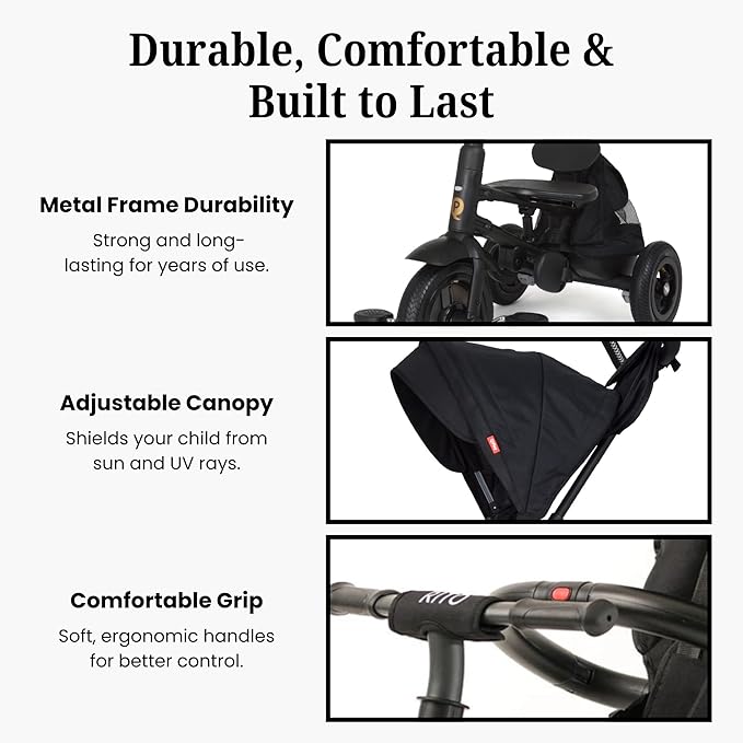 QPlay Rito - Premium Luxury Foldable Trike for Toddlers Featuring Leather touchpoints, Toddler Tricycle Stroller, Push & Fold Tricycle for Ages 12 Months to 5 Years, Midnight Edition