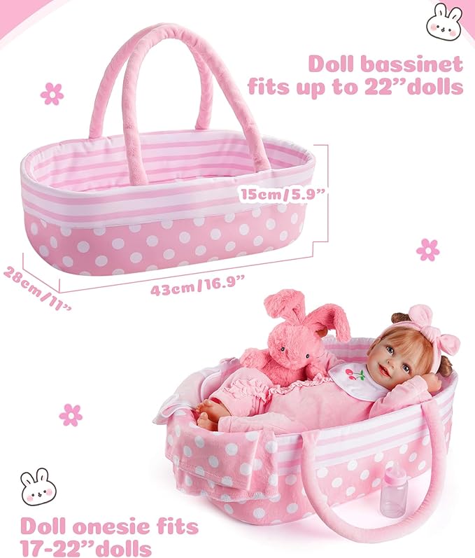 JIZHI 8 Pcs Reborn Baby Doll Clothes Set with Bassinet for 17-22 Inch Dolls, Baby Dolls Clothes and Doll Accessories Set fit Realistic Baby Doll Girl, Pink