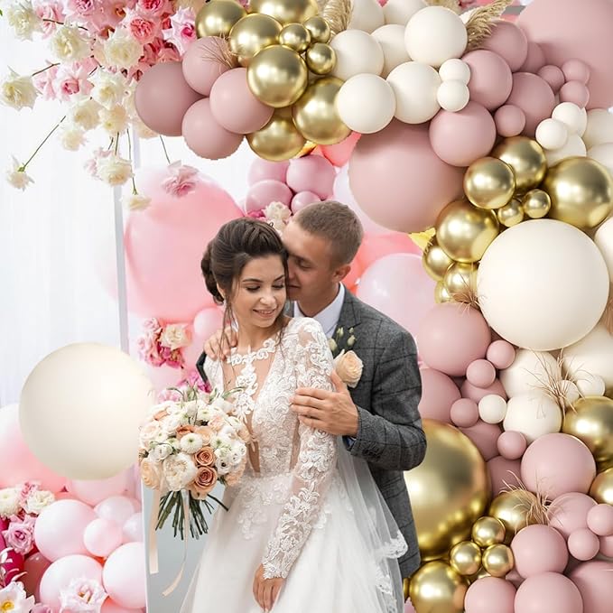 Pink White Gold Balloons Arch Kit, 155Pcs Dusty Pink Matte White Metallic Gold Balloon Garland for Birthday Bridal Baby Shower Wedding Confession Proposal Party Decorations