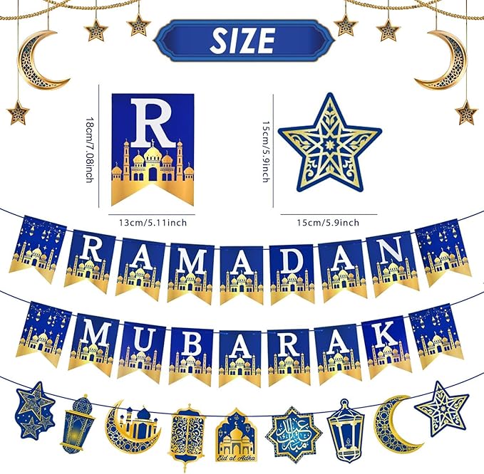 AhfuLife Ramadan Mubarak Banner Decorations for Home, 3 Pcs Pre-Tied Ramadan Mubarak Bunting Banners for Muslim Party Decor, Moon Star Lanterns Garland Islamic Party Supplies