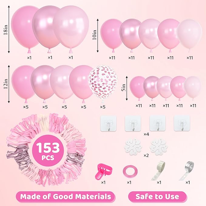 Amandir 153pcs Pink Balloon Garland Arch Kit, Different Sizes 18 12 10 5 inch Latex Pastel Metallic Pearl Light Pink Confetti Balloons for Women Princess Birthday Wedding Valentines Party Decorations