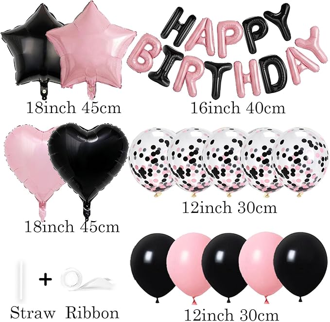 27 Pcs Black Pink Birthday Decorations, 3D Letters Black Pink Happy Birthday Balloon Banner, Pentagram Heart Foil Balloons Confetti Balloons Kit For Boys Girls Party Supplies