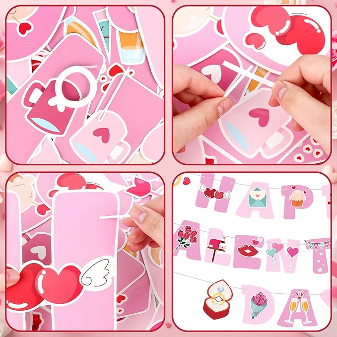 Happy Galentine's Day Banner Pink Galentine’s Day Garlands Decorations with Heart Valentines Day Banner for Girls Ladies Friends Galentines Day Decoration