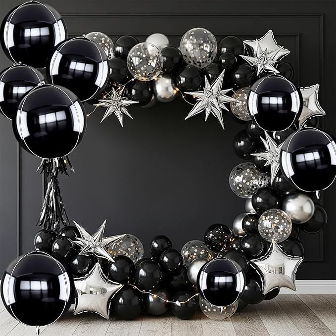 TONIFUL 16Pcs Large Black 4D Giant Round Foil Balloon 4D Mirror Metallic Mylar Sephere Balloons for Christmas New Year Birthday Party Graduation Wedding Baby Shower Decoration Supplies(Mix Sizes)