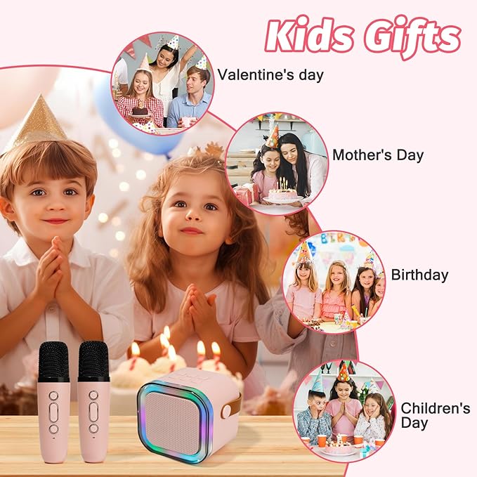 Mini Karaoke Speaker with 2 Wireless Microphones,Voice Effects,Led Lights, Portable Singing Machine for Ages 3,4,5,6,7,8,9,10,11,12+ Years Old Girl Birthday Gift, Kids Karaoke Machine (Pink)