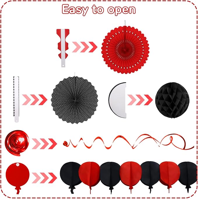 Black Red Party Decorations, Easy Assembly Paper Fan Honeycomb Ball Garland Hanging Swirl Graduation Party Supplies for Boy Girl Women Birthday Congrats Grad Party Decorations