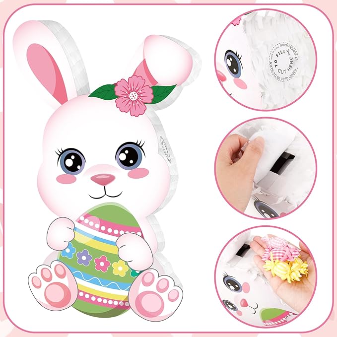 Hooqict Easter Egg Pinata Bunny Pinata with Blindfold and Bat Stick for Girls Spring Happy Easter Party Games Bunny Birthday Party Decorations Sunday Celebration Supplies