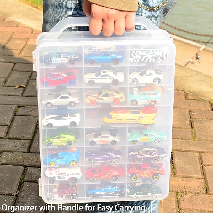 Portable Transparent Double Sided Storage Case - 48 Compartments for Toy Cars, Matchbox Cars, 1:64 Scale Model Cars, with Handle (Case Only)