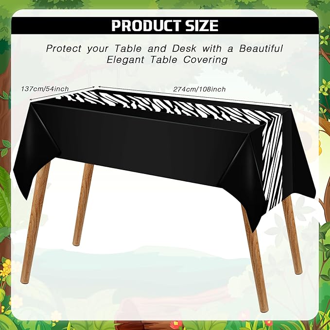 Buryeah 3 Pcs Zebra Tablecloth Zebra Print Plastic Table Cloth Disposable Tablecloth Animal Safari Table Cover 54 x 108'' for Baby Shower Wedding Birthday Party Decorations Supplies (Black)