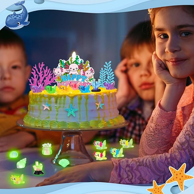 42 Pcs Axolotl Cake Topper Accessories Include 1 Happy Birthday Cake Topper 8 Artificial Seagrass 33 Axolotl Miniature Figures Ocean Decorations for Baby Shower Birthday Party Supplies