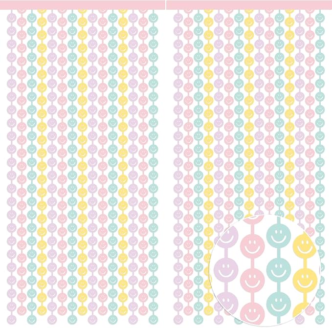 Tellingyou 2 Set Smile Face Foil Curtain Smile Party Decorations Happy Pastel Birthday Decor Macaron Color Bachelorette Backdrop Booth Prop Preppy Party Baby Shower Supplies