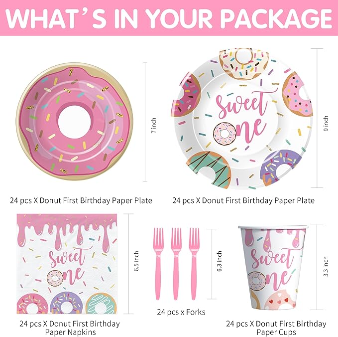 Xigejob Donut Sweet One Birthday Plates And Napkins Party Decorations Tableware Girls - Pink Donut 1st Birthday Party Supplies, Paper Plate, Cup, Napkin, Disposable Fork | Serves 24