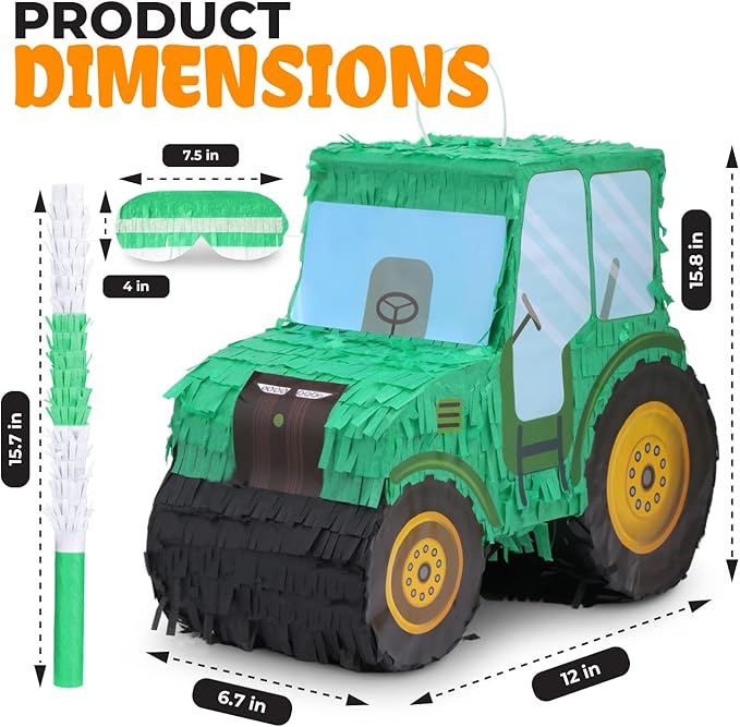 Tractor Pinata Bundle with a Blindfold and Bat(15.8 x 6.7 x 12 Inches), Kids Excavator Pinata for Construction Birthday Parties, Boys Birthday Party Supplies