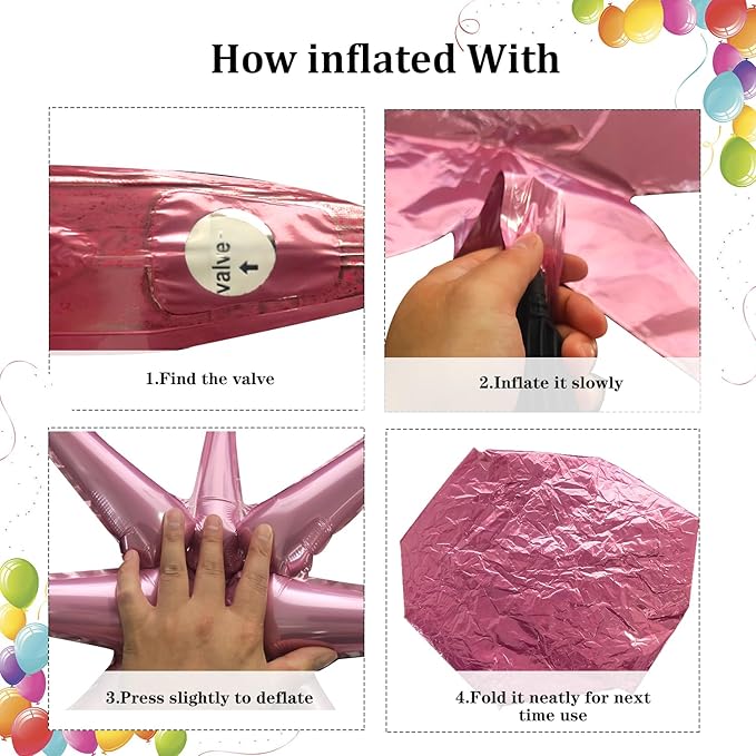 6 Pcs Silver Star Foil Balloons One-Piece 14-Pointed Star Balloon 4D Starburst Cone Mylar Balloon 22inch Christmas Birthday Wedding Wedding Anniversary Party Supplies (Silver + Pink)
