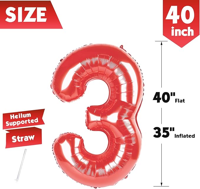 40 Inch Red Number 3 Balloon, Giant 3 Number Balloons for 3rd Birthday Decorations, Party Supplies for Baby Boy Girl, Red Party Decor