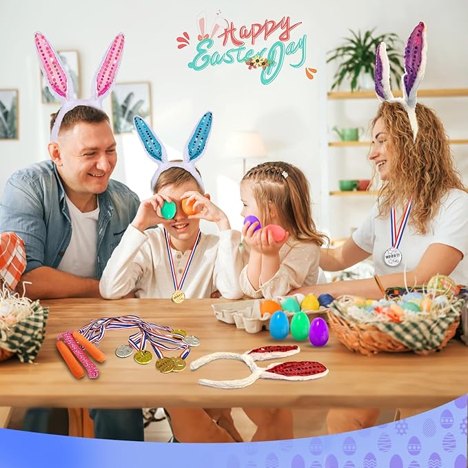 Atonofun 29 Pack Easter Games for Kids Outdoor, Potato Jumping Bags, Bunny Ears Headbands, Egg Spoon Relay Races, Legged Relay Race Bands for Easter Eggs Hunt Party Supplies