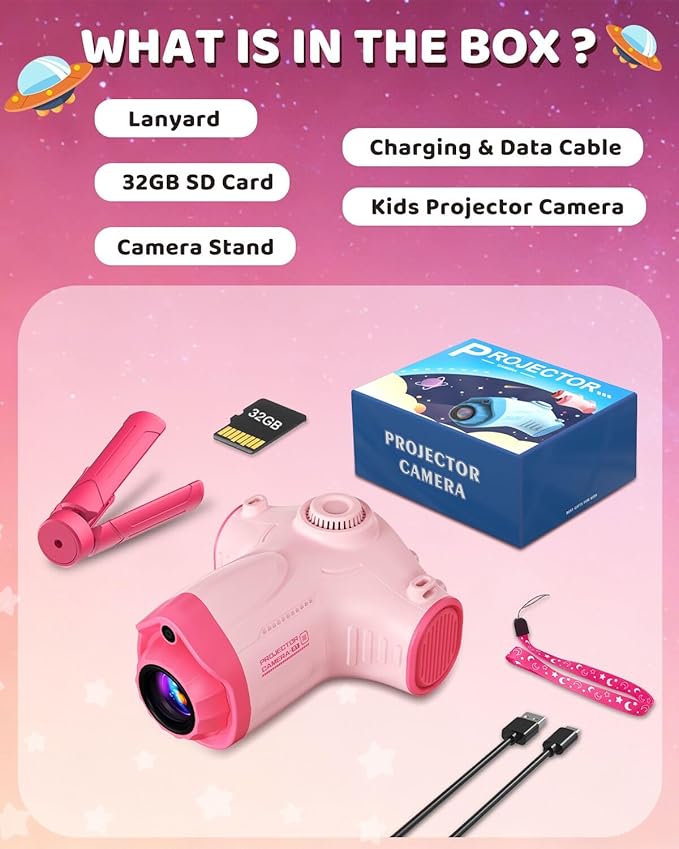 Kids Camera with Projector, 1080P HD Digital Camera for Kids Ages 3-12, 48MP Photo Video Recorder with Stand 32GB SD Card Included, Christmas Birthday Gifts Toy for Girls Boys (Pink)