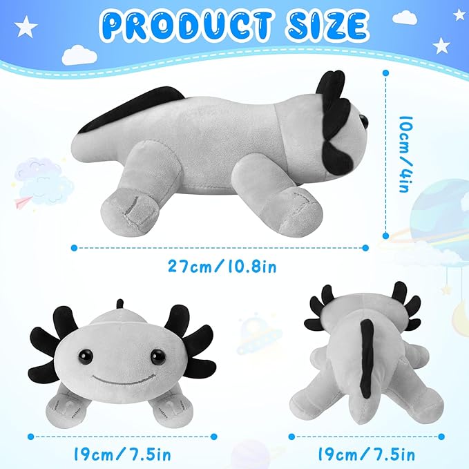 10.8 inch Plush Axolotl Stuffed Animal, Axolotl Plush Toys, Cute Stuffed Cotton Plush Pillow Kawaii Salamander Gifts for Girls & Boys, Plushies has (Gray Axolotl Plush)