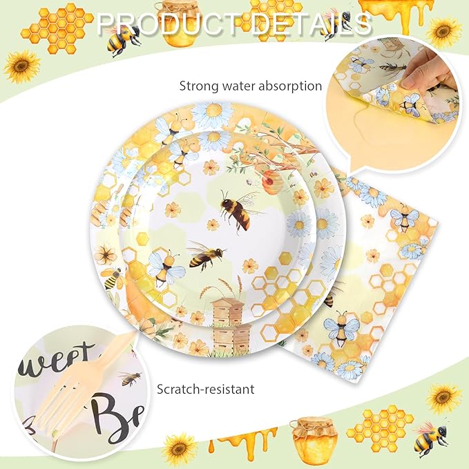 96Pcs Bee Party Decorations Bee Paper Plates and Napkins and Cups Baby Shower Sweet One Kids First Birthday Tea Party Decorations Supplies, Serves 24