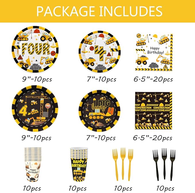 210 Pcs Construction 4th Birthday Decorations - Includes Plates Napkins Cups Cake Cupcake Toppers Banner Hanging Swirls Tablecloths Balloons for Construction Boy Four Years Old Bday Party Supplies