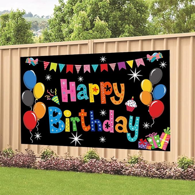 Black Balloon Birthday Party Backdrop Colorful Black Happy Birthday Banner Photography Background for Home Decorations Party Supplies 70.8 x 47.2 Inch