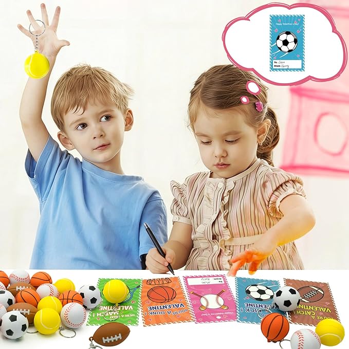 30 Pack Sports Valentines Cards Gifts for Kids School Classroom Squeeze Foam Balls Keychain Stress Relief Valentine Exchange Gift Prizes Class Game Valentine Party Favors for Kids Girls Boys