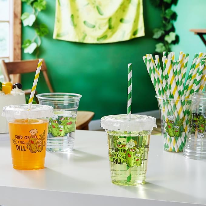 Domensi 50 Pcs Pickle Party Birthday Plastic Cup 12 oz Kind of a Big Dill Birthday Thick Clear Cup Green Pickle Cucumber Theme Party Table Decorations Favor