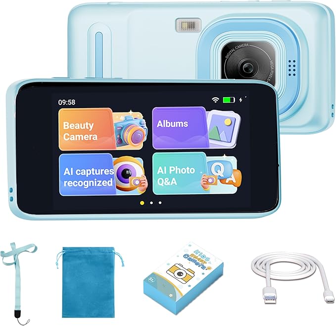 AI Kids Camera for 3–11 Year Old Boys and Girls, AI Learning Digital Video Camera with with Object Recognition, Best Birthday, WiFi Kids Toy Camera 16GB(Blue)