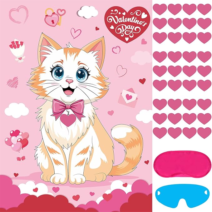 Hooqict Valentines Games for Kids Pin The Heart on The Cat Party Games Valentines Day Party Activities Galentines Day Decorations, Large Pin The Tail Poster with 36 Stickers