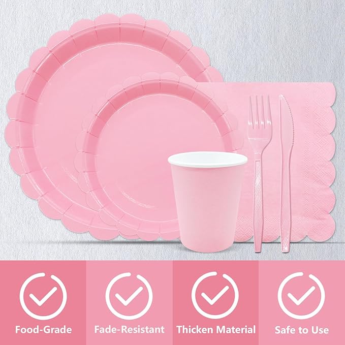 144Pcs Pink Birthday Party Supplies Pink Tableware Set Serve 24 Guests Includes Dinner Plates Cups Napkins For Wedding Baby Shower Birthday Party Decorations