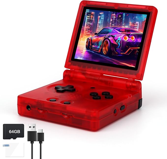 RG35XXSP FILP Retro Handheld Game Console 3.5-inch 640*480 IPS Screen 3300mAh Built-in 64G TF Card Supports Multiple Simulators Linux System with Screen Protector Red